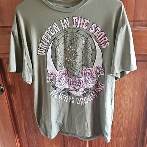 Green Graphic T-Shirt with Pink Floral Design